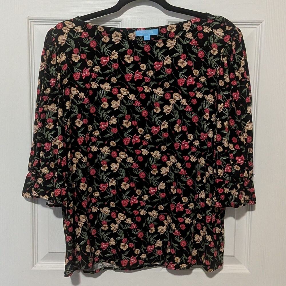 Draper James RSVP Black Floral Ruffle Cuff Blouse Top Womens XL Cottagecore